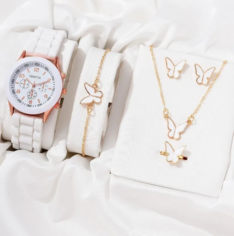 Set Luxury Watch Women Ring Necklace Earrings